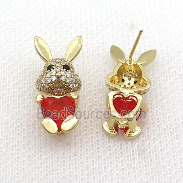 Copper Rabbit Stud Earring Pave Zircon Red Crystal Gold Plated