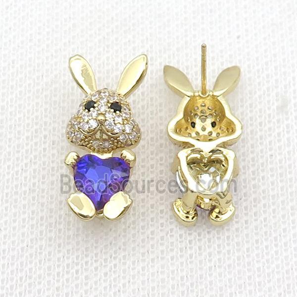 Copper Rabbit Stud Earring Pave Zircon Lavender Crystal Gold Plated