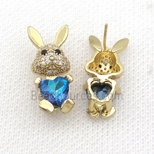 Copper Rabbit Stud Earring Pave Zircon Blue Crystal Gold Plated