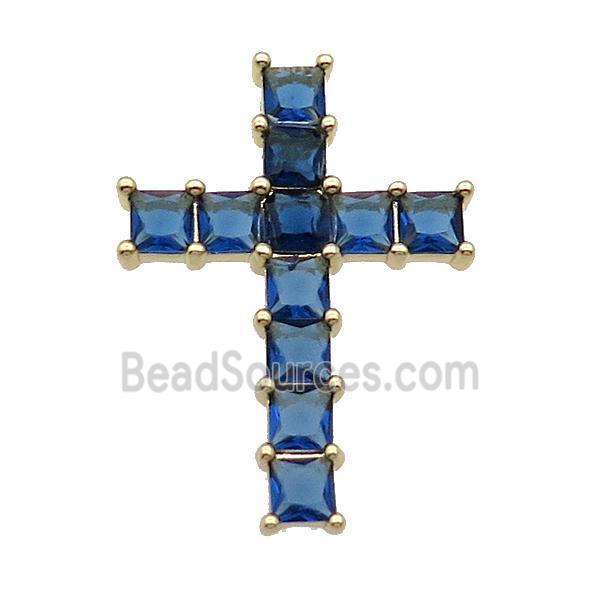 Copper Cross Pendant Pave Blue Crystal Glass Gold Plated