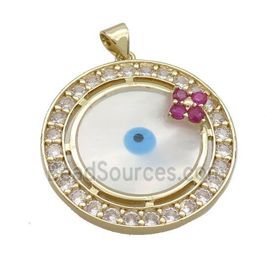 Copper Circle Pendant Pave Zircon Shell Evil Eye Gold Plated