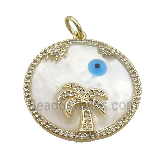 Copper Circle Coconut Tree Pendant Pave Zircon Shell Evil Eye Gold Plated