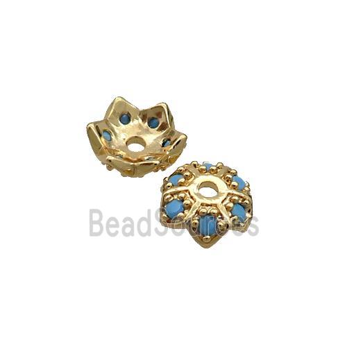 Copper Beadcaps Pave Turq Zircon Gold Plated