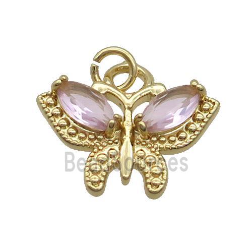 Copper Butterfly Pendant Pave Pink Crystal Glass Gold Plated