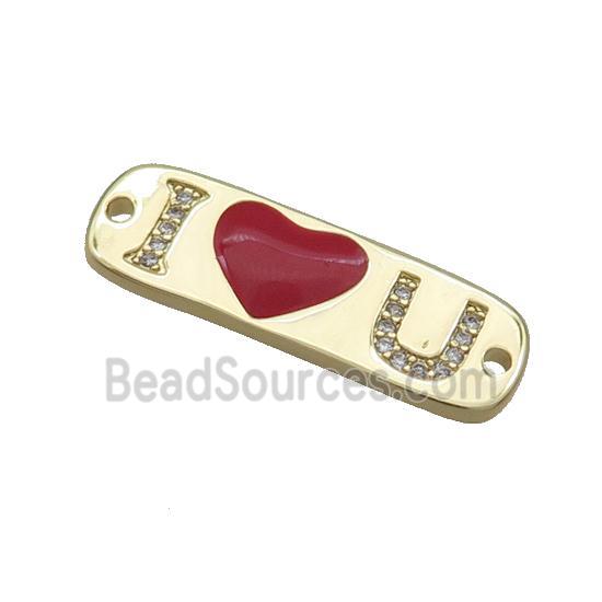 Copper I LOVE U Connector Pave Zircon Red Enamel Gold Plated