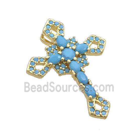 Copper Cross Pendant Pave Zircon Turq Gold Plated