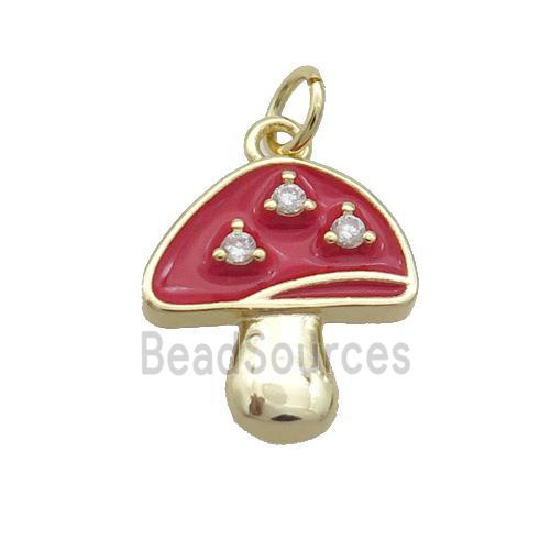 Copper Mushroom Pendant Pave Zircon Red Enamel Gold Plated