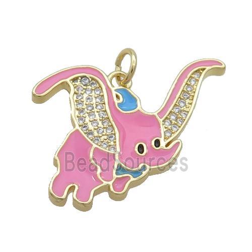 Copper Elephant Pendant Pave Zircon Pink Enamel Gold Plated