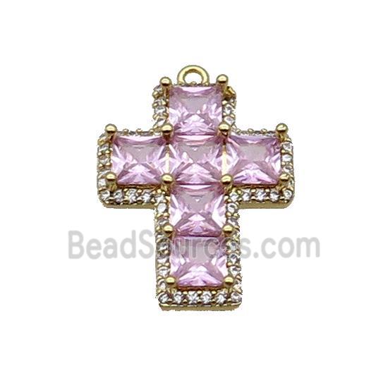 Copper Cross Pendant Pave Pink Crystal Glass Gold Plated