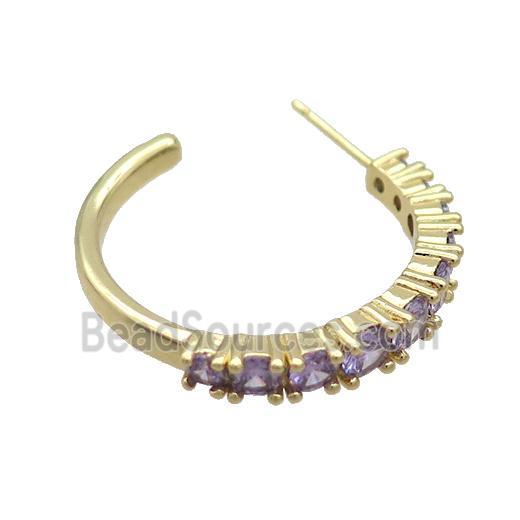 Copper Stud Earring Pave Purple Zircon Gold Plated