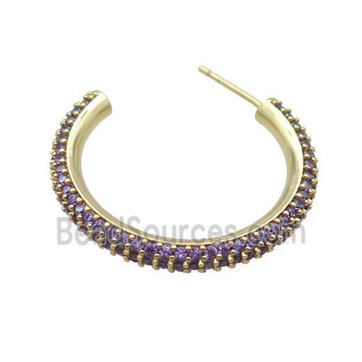 Copper Stud Earring Pave Purple Zircon Gold Plated