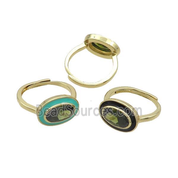 Copper Ring Pave Green Crystal Oval Enamel Adjustable Gold Plated Mixed