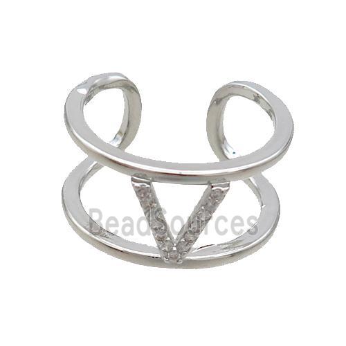 Copper Ring Pave Zircon V-Letter Platinum Plated