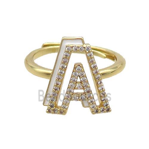 Copper Ring Pave Zircon A-Letter Adjustable White Enamel Gold Plated