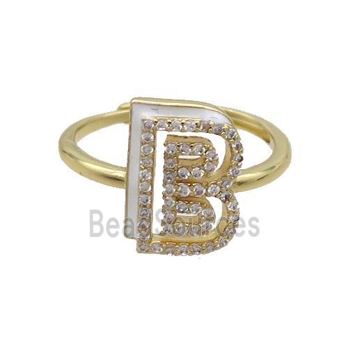 Copper Ring Pave Zircon B-Letter Adjustable White Enamel Gold Plated