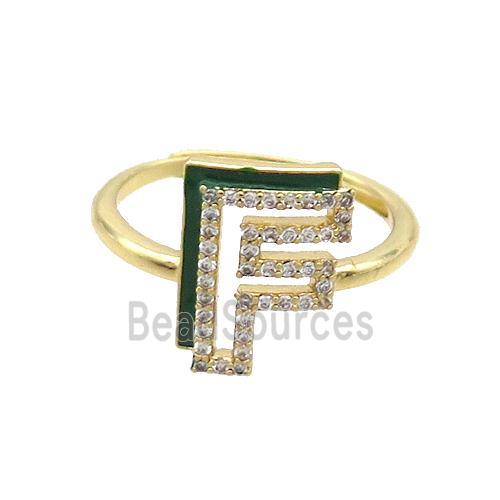 Copper Ring Pave Zircon F-Letter Adjustable Enamel Gold Plated