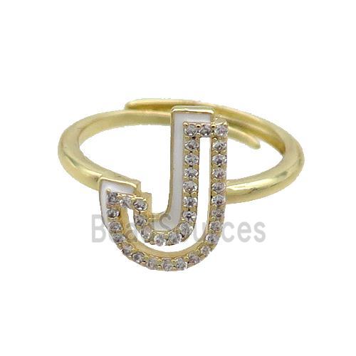 Copper Ring Pave Zircon J-Letter Adjustable Enamel Gold Plated