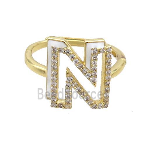 Copper Ring Pave Zircon N-Letter Adjustable Enamel Gold Plated