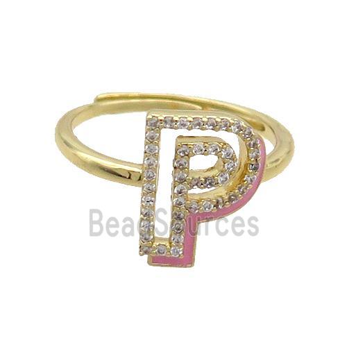 Copper Ring Pave Zircon P-Letter Adjustable Enamel Gold Plated