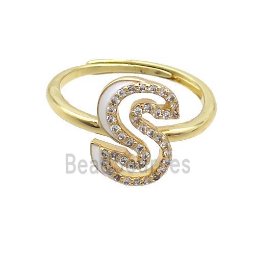 Copper Ring Pave Zircon S-Letter Adjustable Enamel Gold Plated