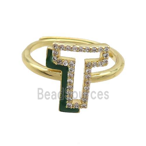 Copper Ring Pave Zircon T-Letter Adjustable Enamel Gold Plated