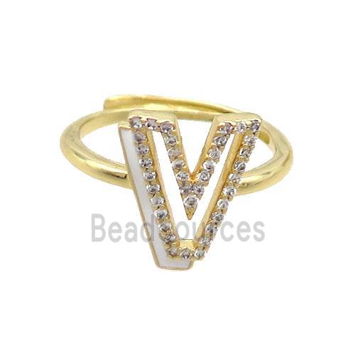 Copper Ring Pave Zircon V-Letter Adjustable Enamel Gold Plated