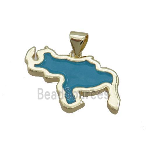 Copper Rhinoceros Pendant Teal Enamel Gold Plated