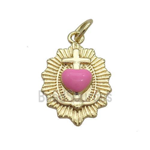 Copper Sacred Heart Of Jesus Charms Pendant Pink Enamel Religious Gold Plated