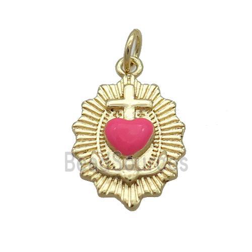 Copper Sacred Heart Of Jesus Charms Pendant Hotpink Enamel Religious Gold Plated