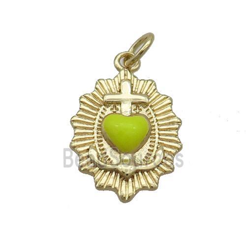 Copper Sacred Heart Of Jesus Charms Pendant Yellow Enamel Religious Gold Plated