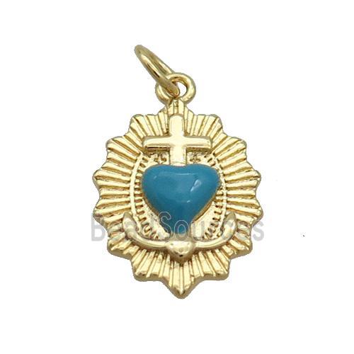 Copper Sacred Heart Of Jesus Charms Pendant Teal Enamel Religious Gold Plated