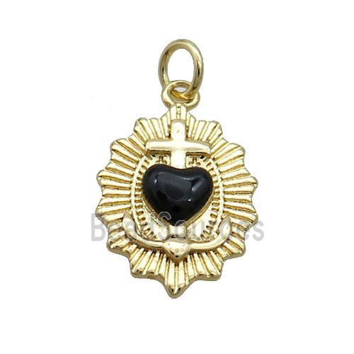 Copper Sacred Heart Of Jesus Charms Pendant Black Enamel Religious Gold Plated