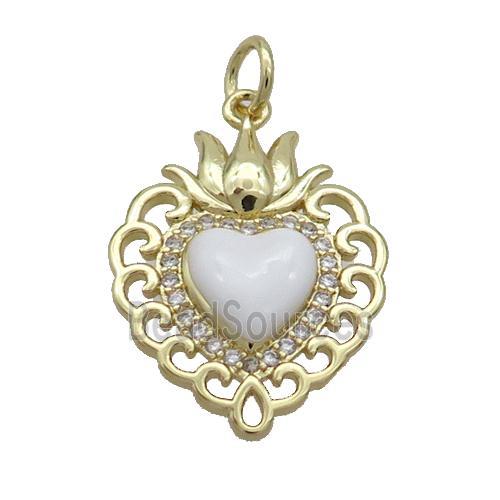 Copper Heart Pendant Pave Zircon White Enamel Gold Plated