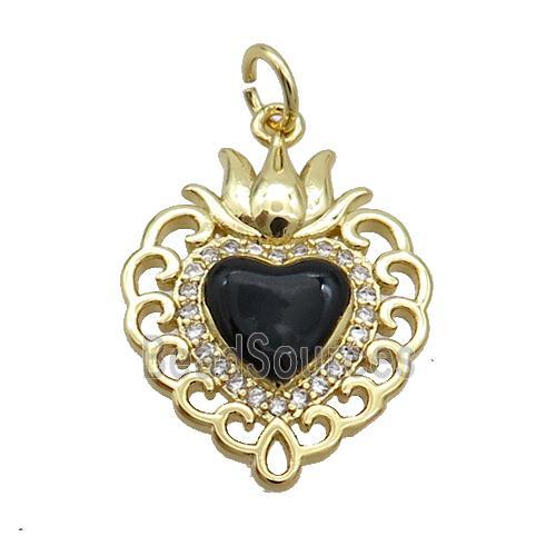 Copper Heart Pendant Pave Zircon Black Enamel Gold Plated