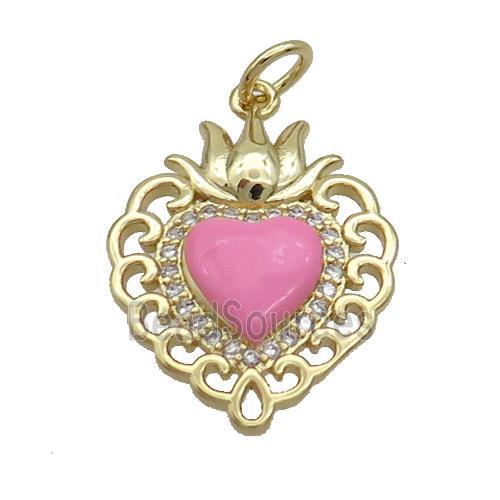 Copper Heart Pendant Pave Zircon Pink Enamel Gold Plated