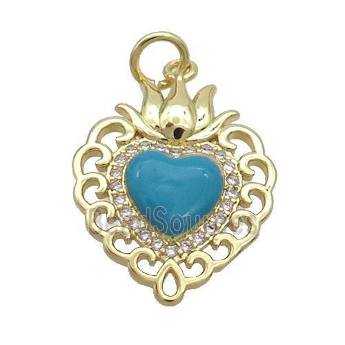 Copper Heart Pendant Pave Zircon Teal Enamel Gold Plated