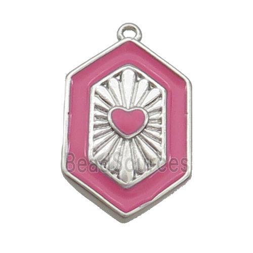 Copper Hexagon Pendant Pink Enamel Heart Platinum Plated