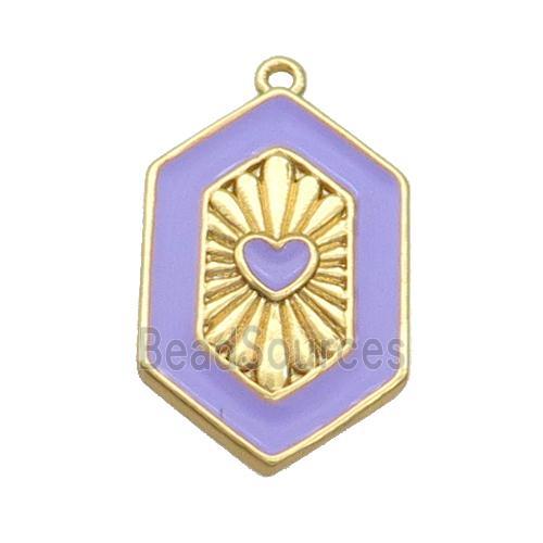 Copper Hexagon Pendant Lavender Enamel Heart Gold Plated