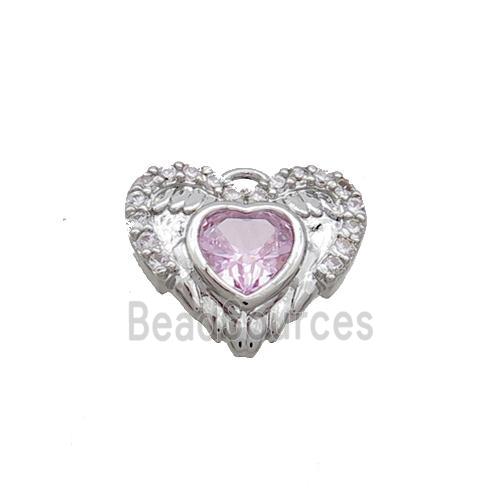 Copper Heart Pendant Pave Zircon Angel Wing Platinum Plated