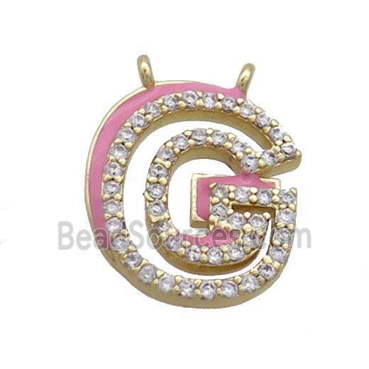 Copper Pendant Pave Zircon Pink Enamel Letter-G 2loops Gold Plated