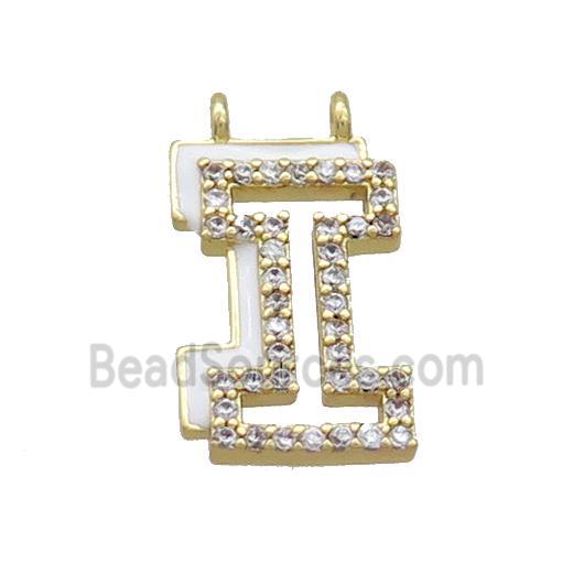 Copper Pendant Pave Zircon White Enamel Letter-I 2loops Gold Plated