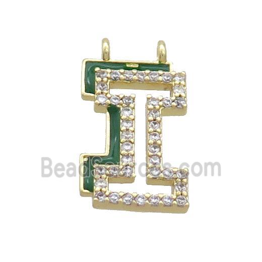 Copper Pendant Pave Zircon Green Enamel Letter-I 2loops Gold Plated