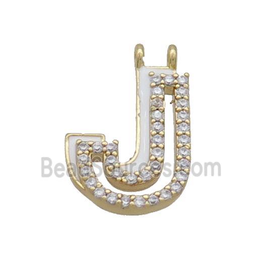 Copper Pendant Pave Zircon White Enamel Letter-J 2loops Gold Plated