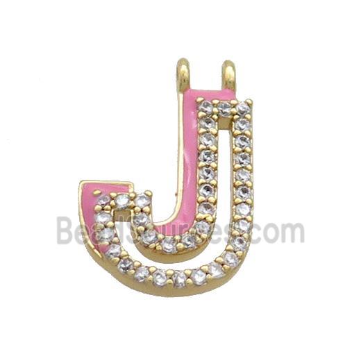 Copper Pendant Pave Zircon Pink Enamel Letter-J 2loops Gold Plated