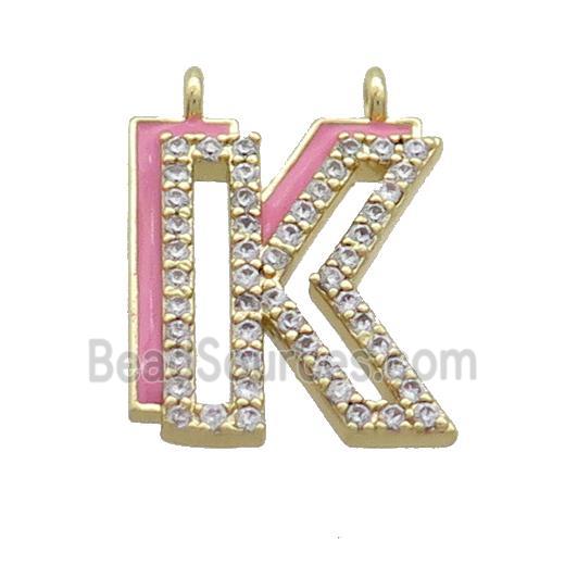 Copper Pendant Pave Zircon Pink Enamel Letter-K 2loops Gold Plated