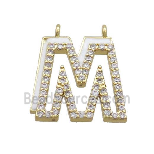 Copper Pendant Pave Zircon White Enamel Letter-M 2loops Gold Plated