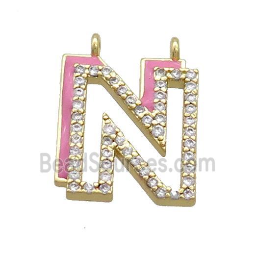 Copper Pendant Pave Zircon Pink Enamel Letter-N 2loops Gold Plated