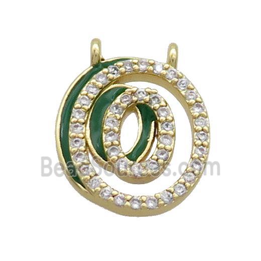 Copper Pendant Pave Zircon Green Enamel Letter-O 2loops Gold Plated