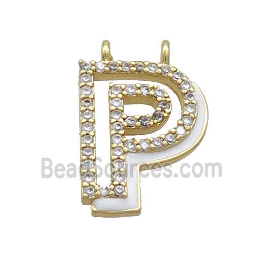 Copper Pendant Pave Zircon White Enamel Letter-P 2loops Gold Plated