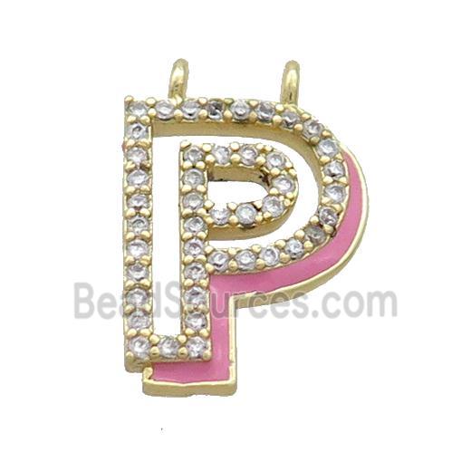 Copper Pendant Pave Zircon Pink Enamel Letter-P 2loops Gold Plated